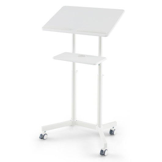 Mobile Lectern Podium Height-adjustable Rolling Laptop Cart with Tilting Top Storage Tray-White