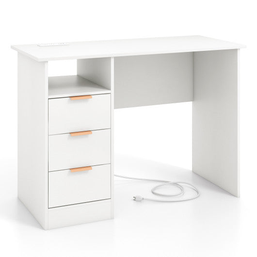 Home Office Desk with Power Outlet 3 Storage Drawers and Open Compartment-White