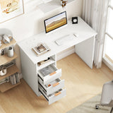 Home Office Desk with Power Outlet 3 Storage Drawers and Open Compartment-White