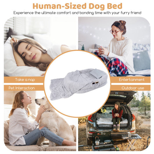 Washable Fluffy Human Dog Bed with Soft Blanket and Plump Pillow-Gray