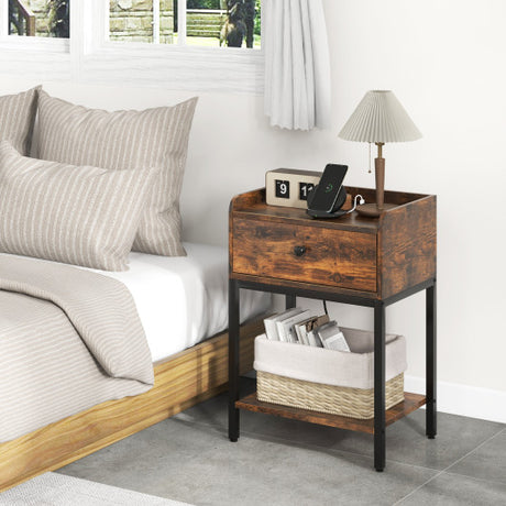 Industrial Bedside Table Nightstand with Charging Station-Rustic Brown