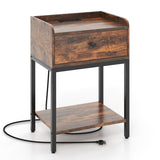 Industrial Bedside Table Nightstand with Charging Station-Rustic Brown