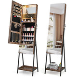 Lockable Freestanding Jewelry Organizer with Full-Length Frameless Mirror-Rustic Brown