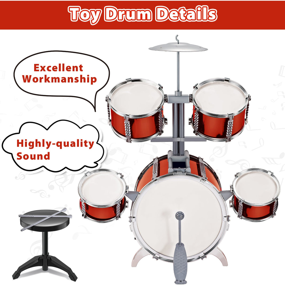 JoyBox Rock 'n' Roll Drum Set for Kids - 5-Piece Musical Fun Kit for Little Rockstars (Ages 3-7) by Contixo