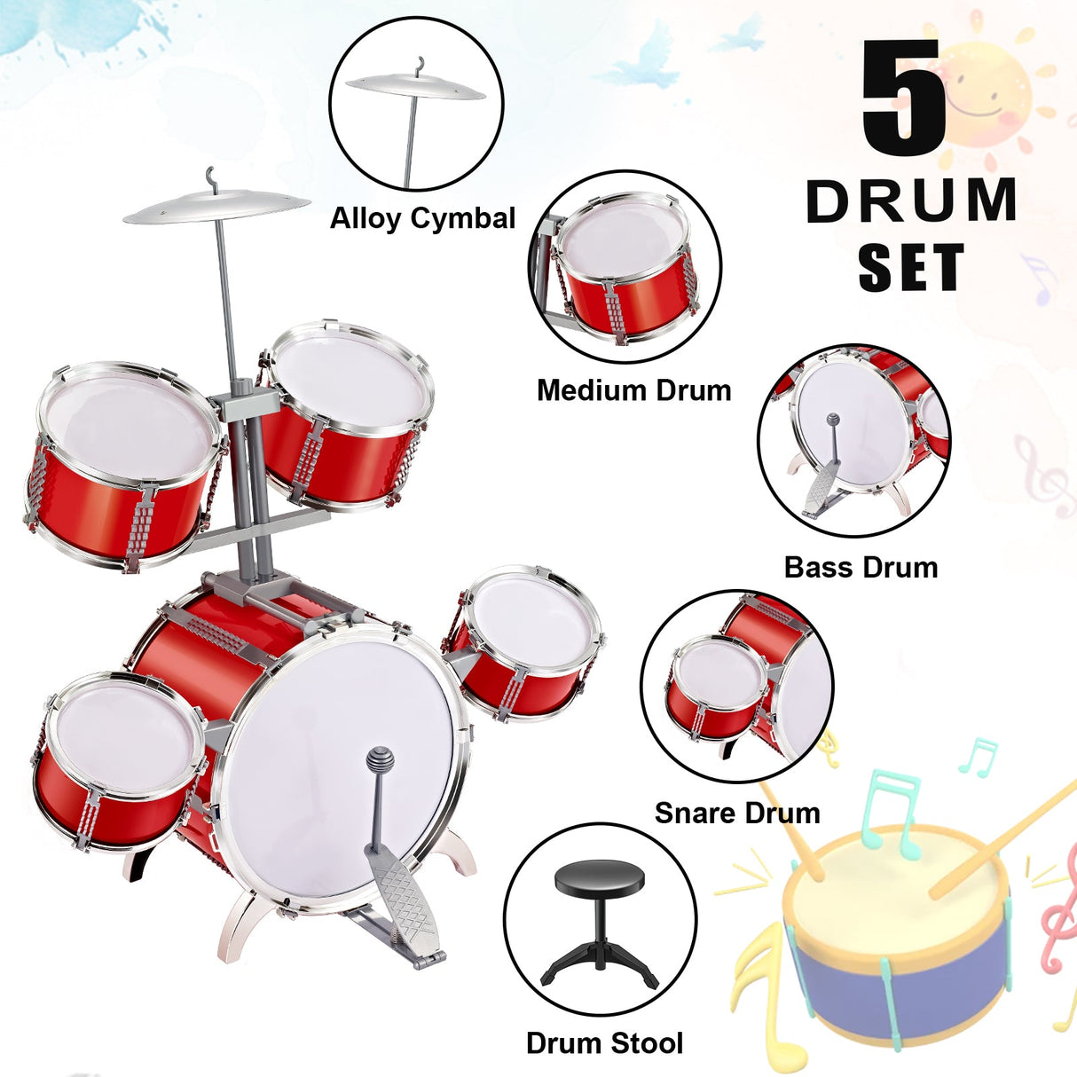 JoyBox Rock 'n' Roll Drum Set for Kids - 5-Piece Musical Fun Kit for Little Rockstars (Ages 3-7) by Contixo