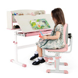 Kids Desk and Chair Set with Adjustable Height and Tilted Desktop-Pink