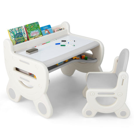 Kids Drawing Table and Chair Set with Watercolor Pens and Blackboard Eraser-Gray