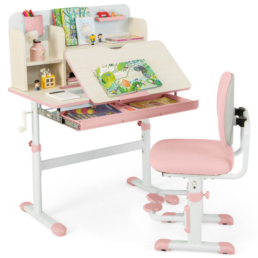 Height Adjustable Children School Home Study Table and Chair Set with Tilted Desktop for 3-12 Years Old-Pink