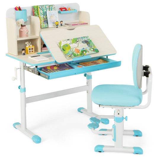 Height Adjustable Children School Home Study Table and Chair Set with Tilted Desktop for 3-12 Years Old-Blue