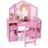 Kids Vanity Table and Chair Set with Removable Mirrors and 4 Storage Bins-Pink