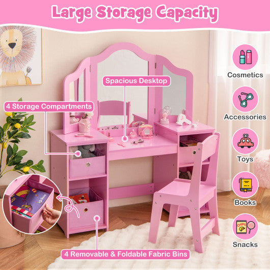 Kids Vanity Table and Chair Set with Removable Mirrors and 4 Storage Bins-Pink