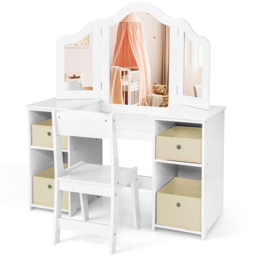 Kids Vanity Table and Chair Set with Removable Mirrors and 4 Storage Bins-White