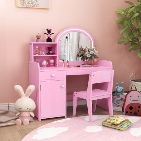 Kids Vanity Table and Chair Set with Shelves Drawer and Cabinet-Pink