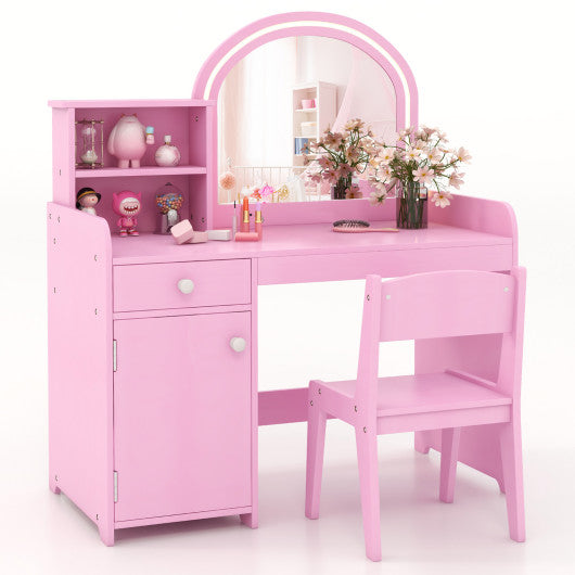 Kids Vanity Table and Chair Set with Shelves Drawer and Cabinet-Pink