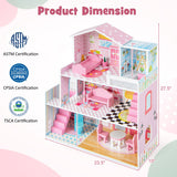 Kids Wooden Dollhouse Playset with 5 Simulated Rooms and 10 Pieces of Furniture-Pink