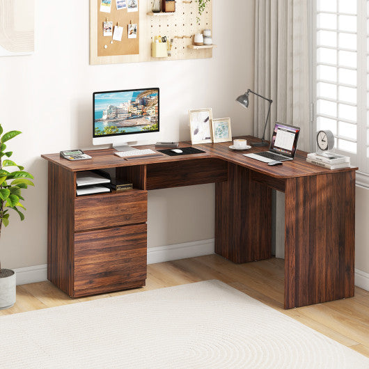 L-Shaped Computer Desk with Letter File Drawer-Walnut