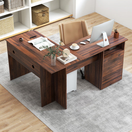 L-Shaped Computer Desk with Letter File Drawer-Walnut