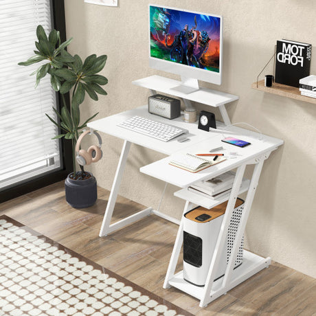 L Shaped Gaming Desk with Outlets and USB Ports-White