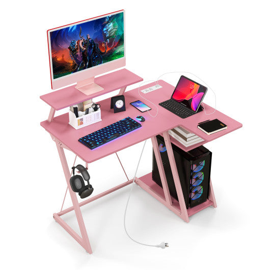 L Shaped Gaming Desk with Outlets and USB Ports-Pink