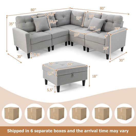 L-shaped Sectional Corner Sofa Set with Storage Ottoman-Gray