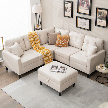 L-shaped Sectional Corner Sofa Set with Storage Ottoman-Beige