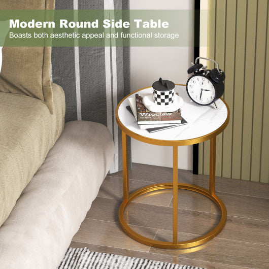 Marble Top Round Side Table 16-Inch End Table with Golden Metal Frame-2 Pieces