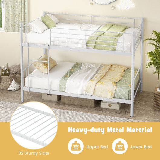 Metal Bunk Bed with Ladder and Full-length Guardrails-White