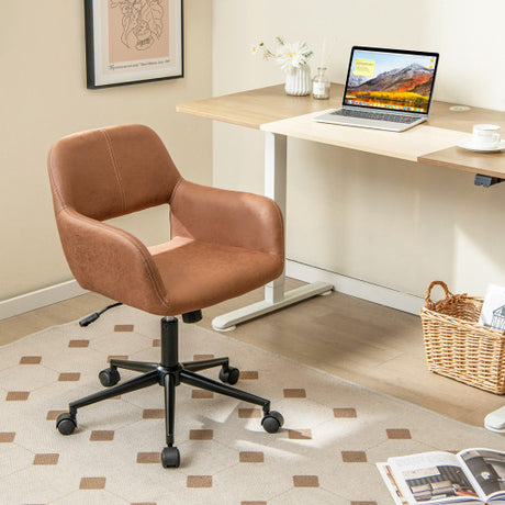 Mid Century Office Chair Faux Leather with Armrests-Brown