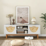 Mid Century Modern TV Stand Entertainment Center for 55-Inch TV with 2 Drawers and Bamboo Woven Fronts-White