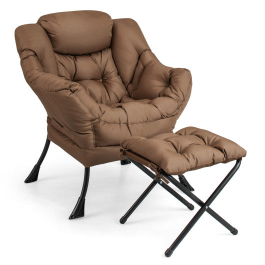 Modern Accent Sofa Chair with Folding Footrest and Side Pocket-Brown