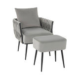 Modern Dutch Velvet Accent Chair and Ottoman Set with Weaved Back and Arms-Gray