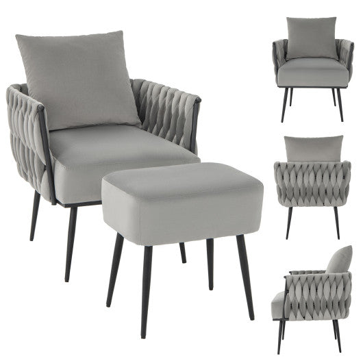 Modern Dutch Velvet Accent Chair and Ottoman Set with Weaved Back and Arms-Gray