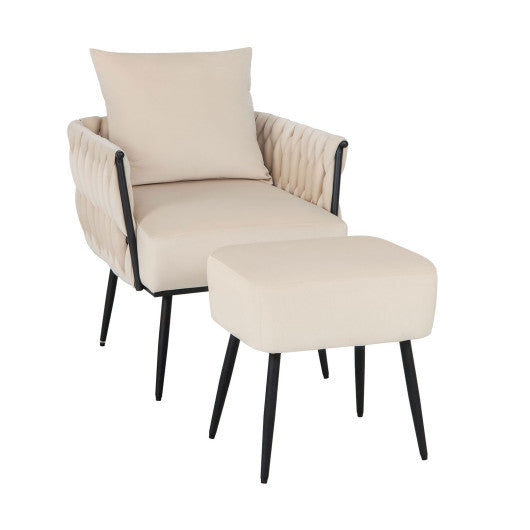 Modern Dutch Velvet Accent Chair and Ottoman Set with Weaved Back and Arms-White