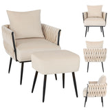 Modern Dutch Velvet Accent Chair and Ottoman Set with Weaved Back and Arms-White