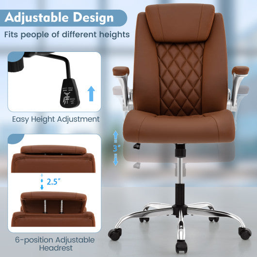 Modern Height Adjustable PU Leather Office Chair with Rocking Function-Brown