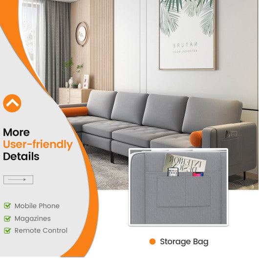 Modular L-shaped 4-Seat Sectional Sofa with Reversible Chaise and 2 USB Ports-Gray