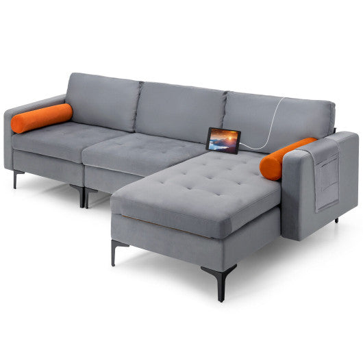 Modular L-shaped 3-Seat Sectional Sofa with Reversible Chaise and 2 USB Ports-Gray
