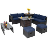 9 Pieces Patio Furniture Set with 32” Fire Pit Table and 50000 BTU Square Propane Fire Pit-Navy