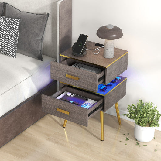 Nightstand Sofa Side Tables with Charging Station and 2 Drawers and LED lights-Gray