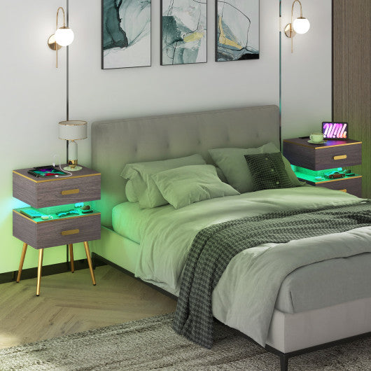 Nightstand Sofa Side Tables with Charging Station and 2 Drawers and LED lights-Gray