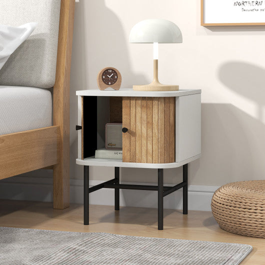 Mid-century Modern Nightstand with Sliding Doors and Storage Cabinet-White