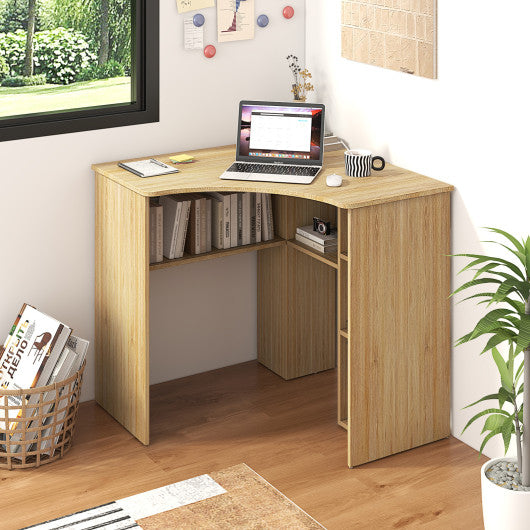 Corner Computer Desk Triangle Home Office Desk with Adjustable Shelf and Arc-Shaped Profile-Natural