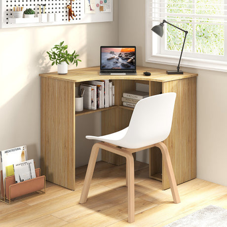 Corner Computer Desk Triangle Home Office Desk with Adjustable Shelf and Arc-Shaped Profile-Natural