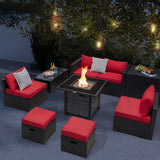 Outdoor 9 Pieces Patio Furniture Set with 50 000 BTU Propane Fire Pit Table-Red