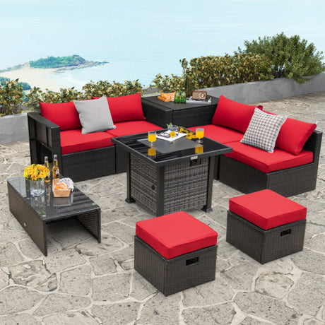 Outdoor 9 Pieces Patio Furniture Set with 50 000 BTU Propane Fire Pit Table-Red