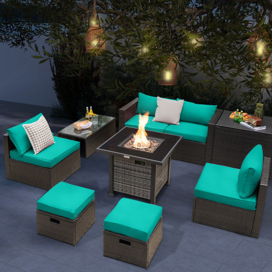 Outdoor 9 Pieces Patio Furniture Set with 50 000 BTU Propane Fire Pit Table-Turquoise