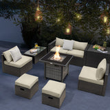 Outdoor 9 Pieces Patio Furniture Set with 50 000 BTU Propane Fire Pit Table-Off White