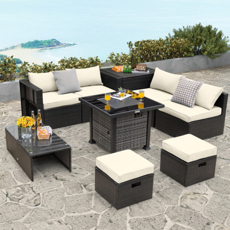 Outdoor 9 Pieces Patio Furniture Set with 50 000 BTU Propane Fire Pit Table-Off White