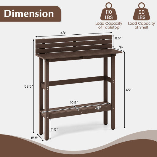 48" Patio Pub Height Table with Storage Shelf and Adjustable Foot Pads-Brown