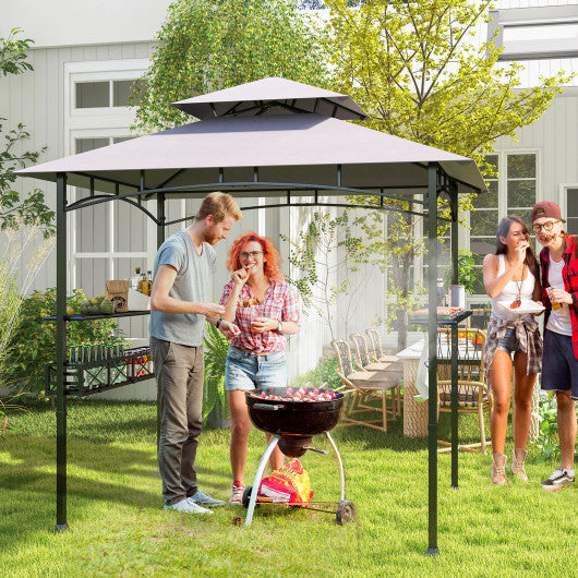 8 x 5 FT Outdoor Grill Gazebo with 2 Side Shelves and 20 Hooks-Gray